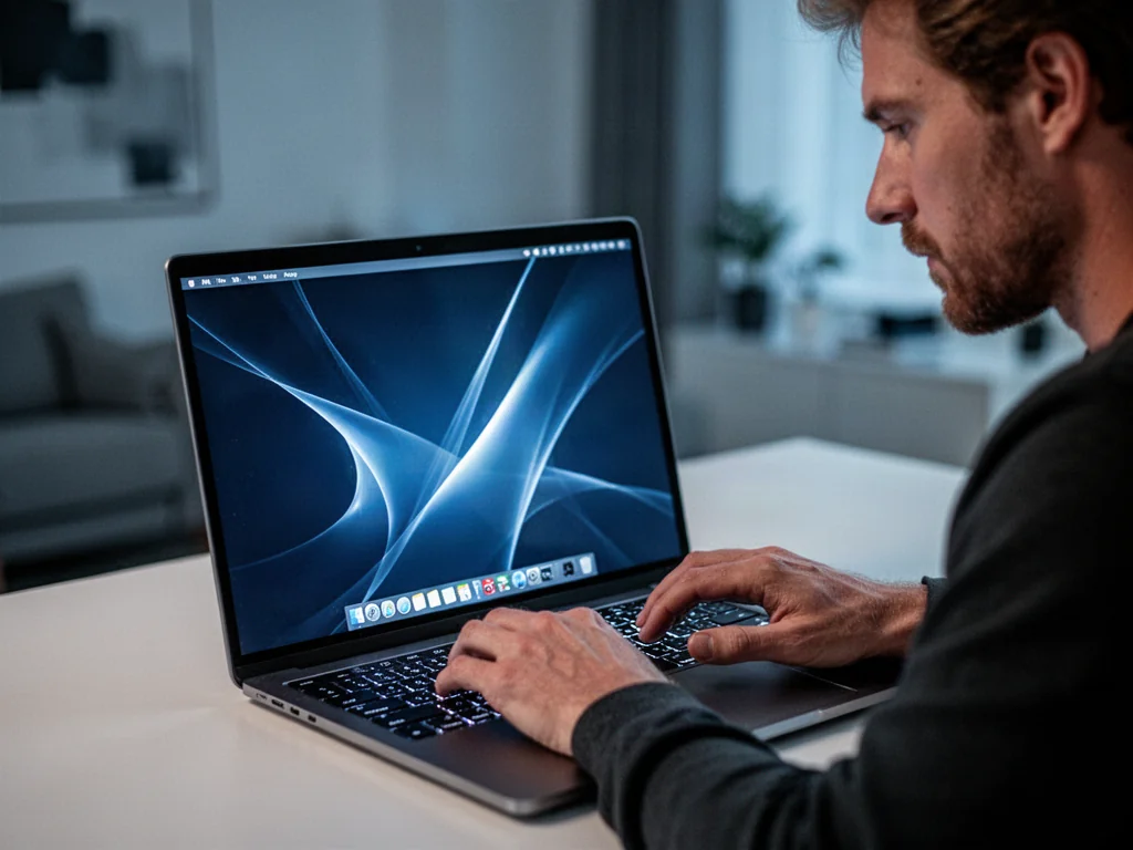 Osoba pracująca na nowoczesnym laptopie z systemem Windows, widocznym na ekranie w minimalistycznym biurze.