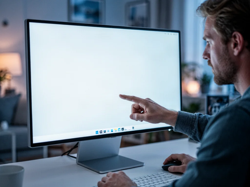 Mężczyzna przy komputerze wskazuje kursorem myszy na pulpit systemu Windows 11 w przytulnym domowym biurze.