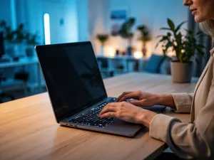 Mężczyzna przy biurku personalizuje ustawienia pulpitu na nowoczesnym monitorze w minimalistycznym domowym biurze.