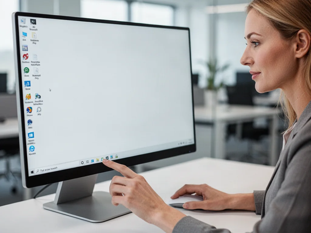 Kobieta używa myszki, aby kliknąć na pasek zadań systemu Windows 11 wyrównany do lewej strony ekranu.