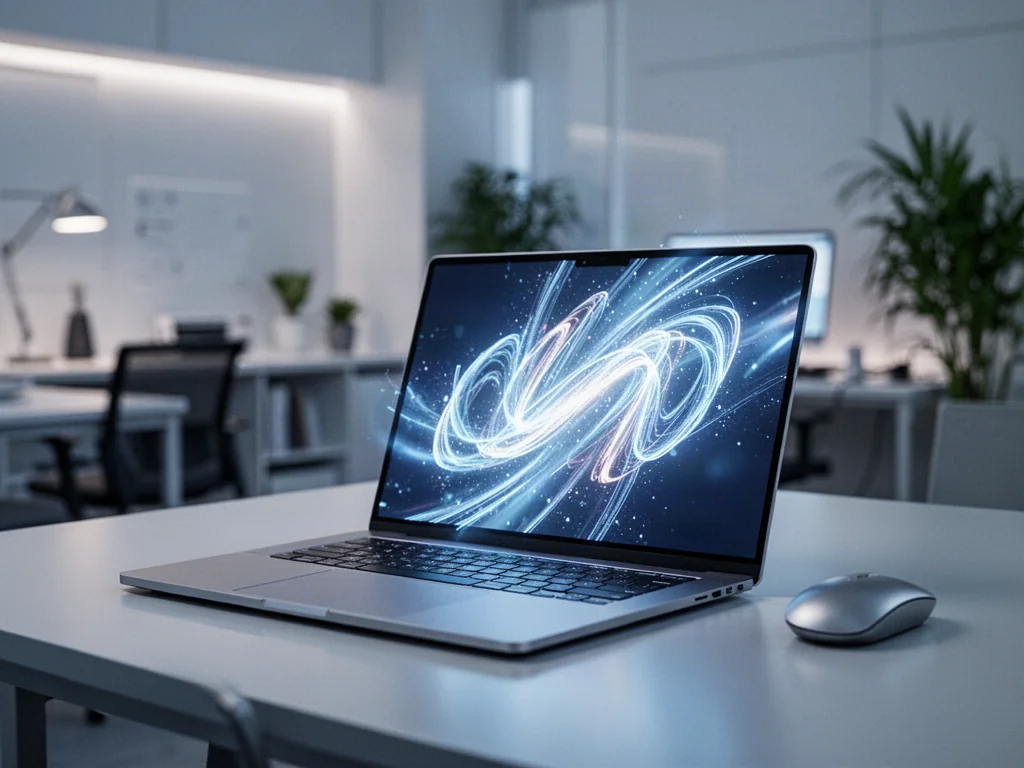 Nowoczesny laptop z podświetlanym interfejsem systemu na biurku w minimalistycznym biurze domowym.