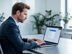 Nowoczesne stanowisko komputerowe z monitorem wyświetlającym niebieskie fale, gotowe do pracy z systemem Windows 11.
