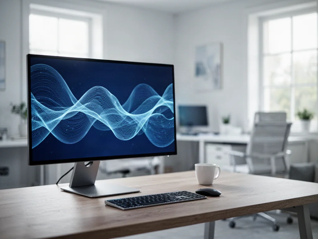 Nowoczesne stanowisko komputerowe z monitorem wyświetlającym niebieskie fale, gotowe do pracy z systemem Windows 11.