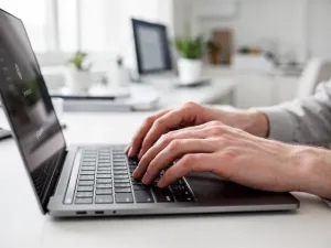 Mężczyzna przy biurku zmienia ustawienia tapety na ekranie laptopa w jasnym domowym biurze.