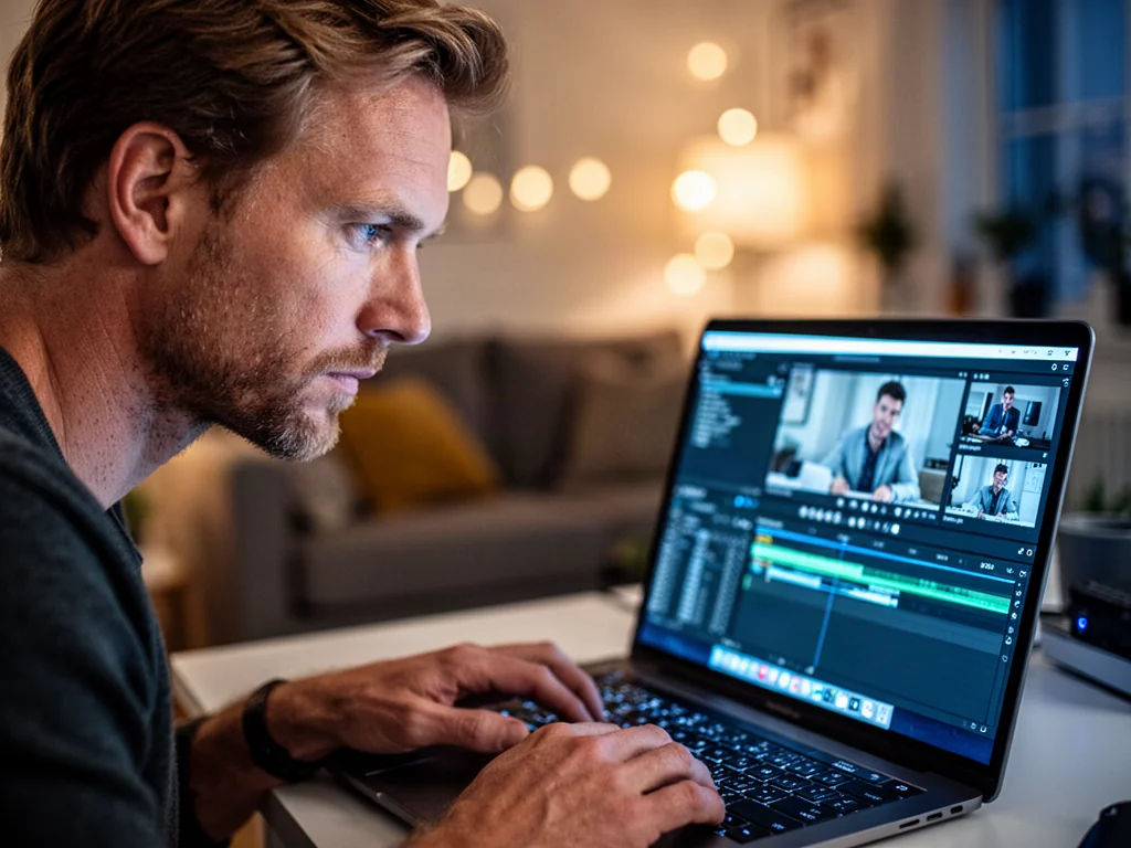 Mężczyzna skupiony na edycji wideo na laptopie w przytulnym domowym biurze.