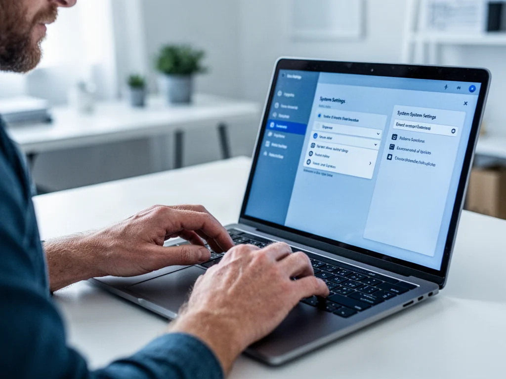 Dłonie obsługujące touchpad laptopa z otwartym oknem ustawień systemu Windows 11 na ekranie.