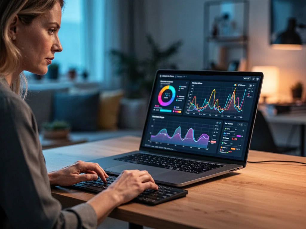 Kobieta pracująca przy laptopie, na którego ekranie widoczne są wykresy wydajności i aktywności systemu w Windows 11.