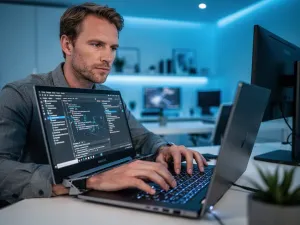 Monitor z systemem Windows 11 i estetycznym, przezroczystym paskiem zadań w przytulnym, nowoczesnym biurze.