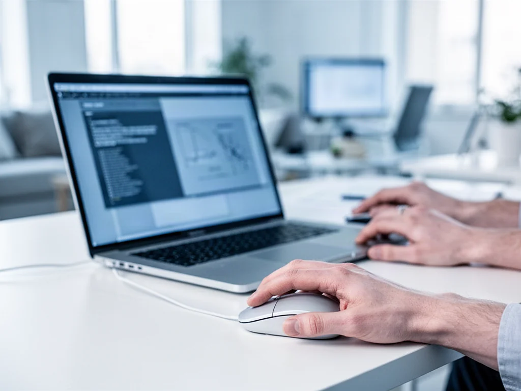 Dłoń obsługująca myszkę komputerową przy laptopie na biurku, ilustrująca proces tworzenia skrótów w systemie Windows 11.