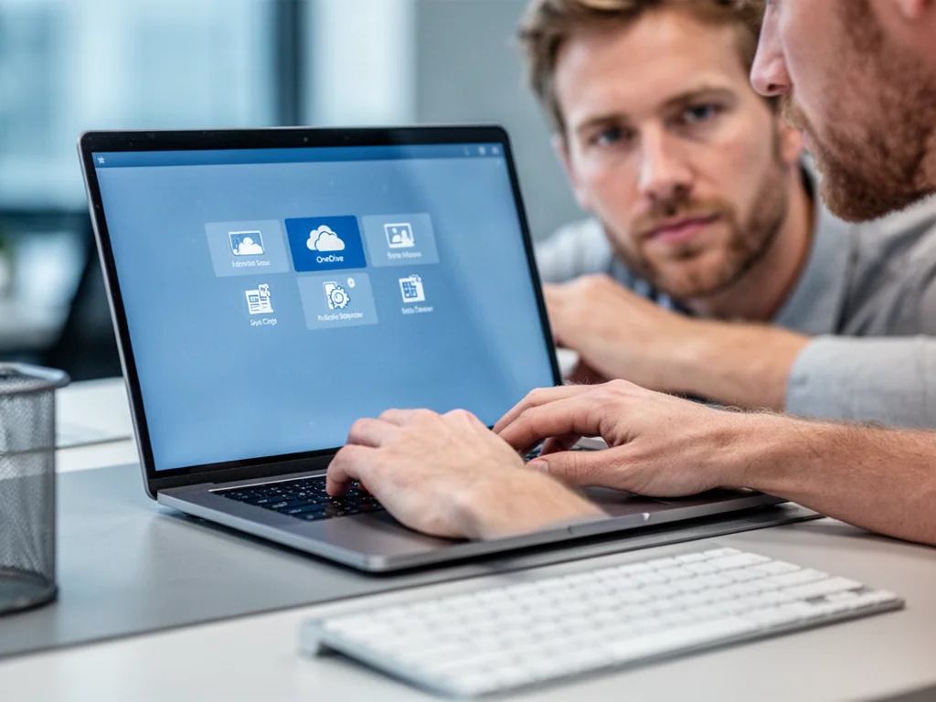 Osoba pracująca przy nowoczesnym laptopie w biurowym otoczeniu, dostosowująca ustawienia systemu Windows.