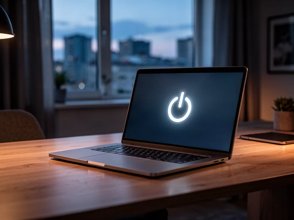 Nowoczesny laptop z ikoną zasilania na ekranie, stojący na biurku w przytulnym, przyciemnionym domowym biurze.
