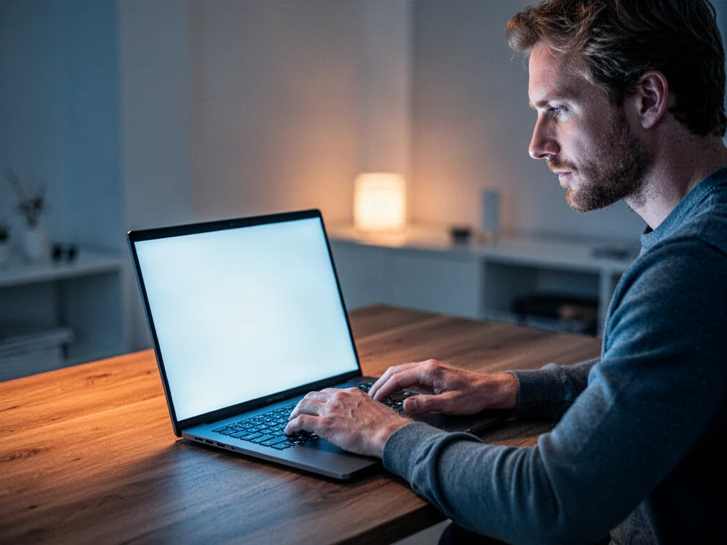 Mężczyzna pracujący przy laptopie w nowoczesnym biurze, przygotowujący się do formatowania systemu Windows 11.