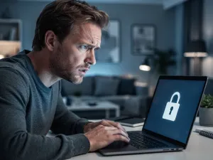 Mężczyzna pracujący przy laptopie w nowoczesnym biurze, przygotowujący się do formatowania systemu Windows 11.