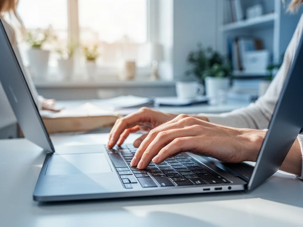 Dłonie kobiety piszące na klawiaturze nowoczesnego laptopa w jasnym, minimalistycznym biurze domowym.
