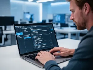 Mężczyzna przy komputerze sprawdza ustawienia pamięci w systemie Windows 11, aby zwolnić miejsce na dysku.