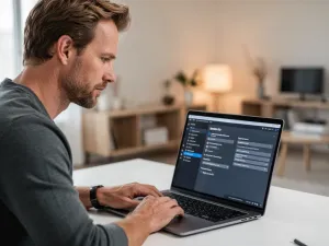 Nowoczesny laptop z podświetlanym interfejsem systemu na biurku w minimalistycznym biurze domowym.