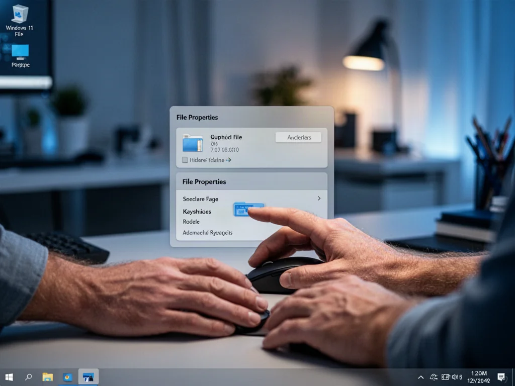 Dłonie użytkownika klikające ikonę pliku w systemie Windows 11 w celu zmiany jego właściwości.