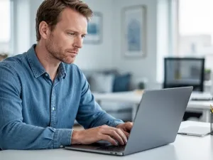 Osoba pracująca przy laptopie w jasnym biurze, konfigurująca ustawienia systemu Windows 11.
