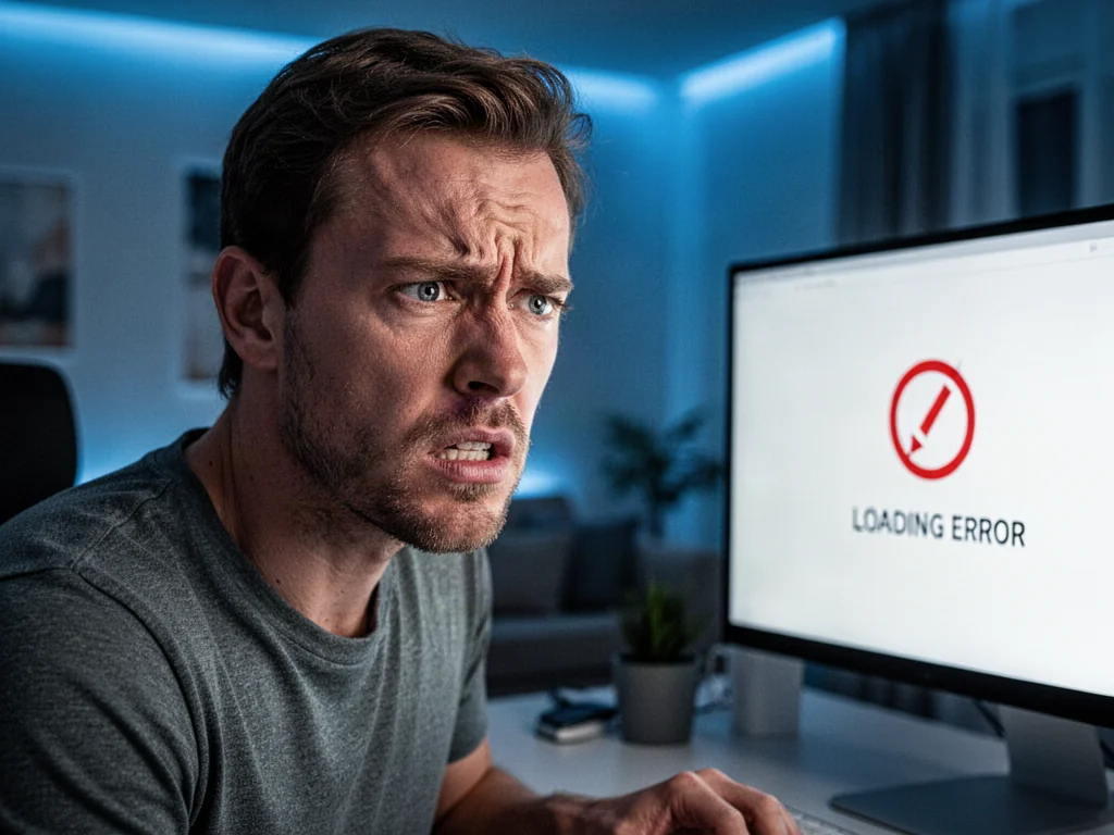 Zirytowany mężczyzna przed monitorem z błędem ładowania, ilustrujący problemy z instalacją systemu Windows 11.