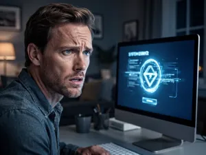Nowoczesne stanowisko komputerowe z monitorem wyświetlającym niebieskie fale, gotowe do pracy z systemem Windows 11.