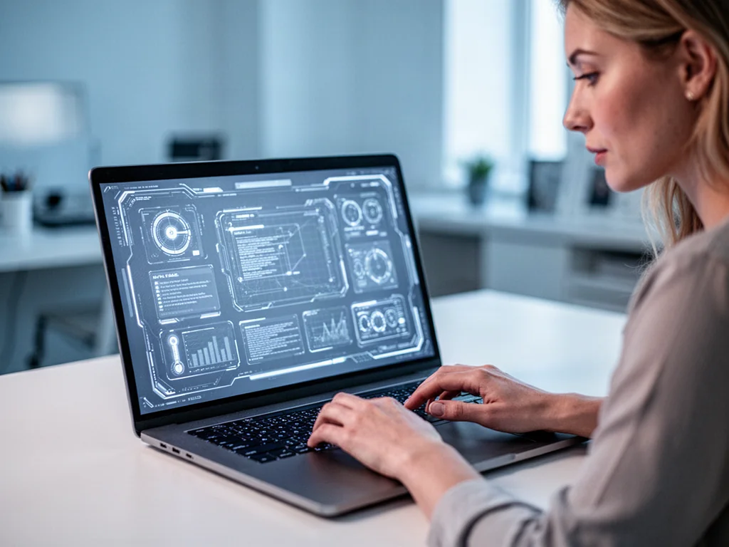 Kobieta korzystająca z nowoczesnego laptopa w minimalistycznym biurze, symbolizująca proces aktualizacji systemu Windows.