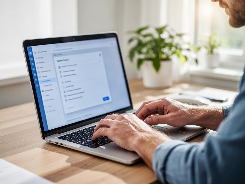 Osoba pracująca przy laptopie w jasnym biurze, konfigurująca ustawienia systemu Windows 11.